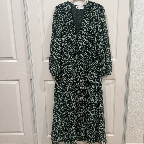 ZARA Long Sleeve Midi Dress Green White Floral Print Casual Elegant Women's L - Picture 1 of 8